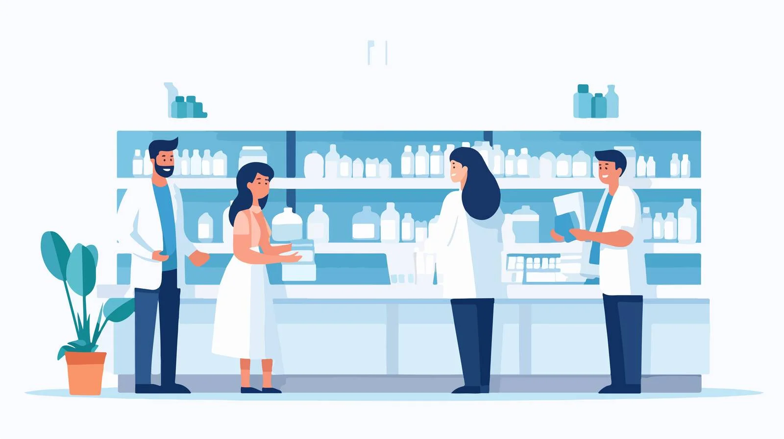 Friendly Cartoon Pharmacist Assisting Happy Customers — free download from Dotvec