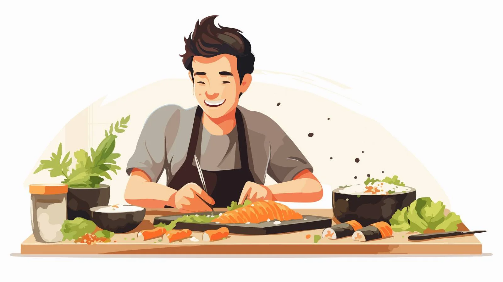 Joyful chef prepares sushi at kitchen — free download from Dotvec