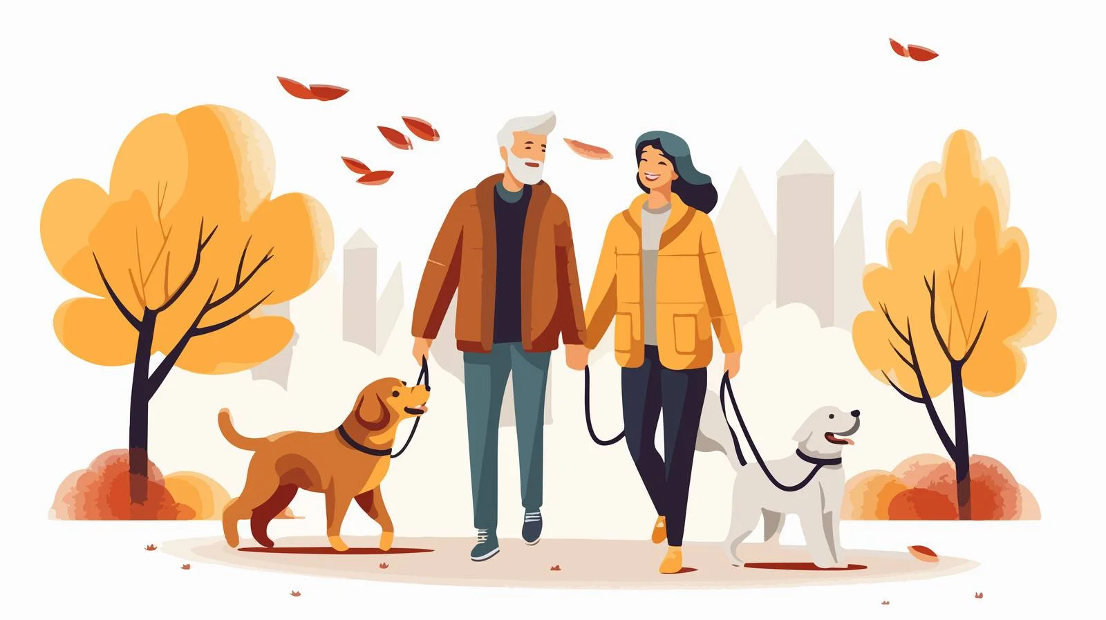 Joyful senior couple with pet strolling — free download from Dotvec