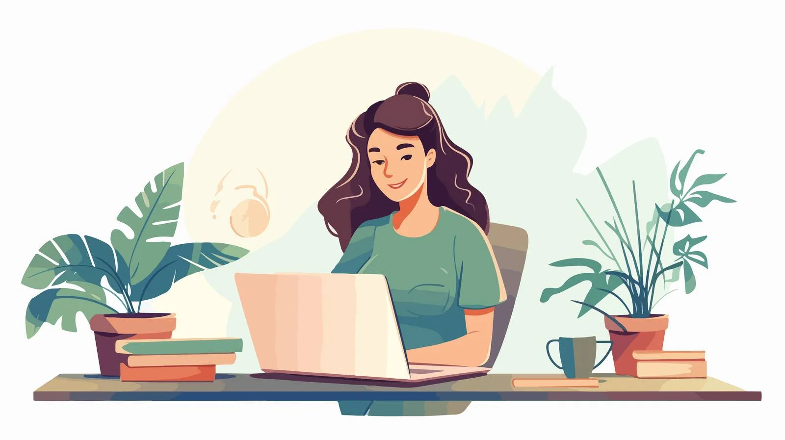 Cheerful woman studying online on computer screen — free download from Dotvec