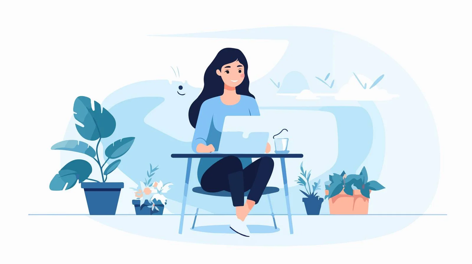 Happy woman learning online using computer — free download from Dotvec