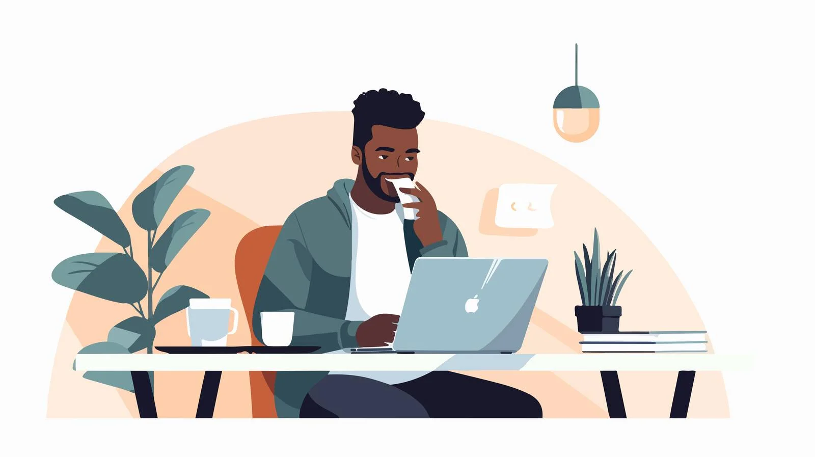 Cheerful black freelancer desk browsing content — free download from Dotvec