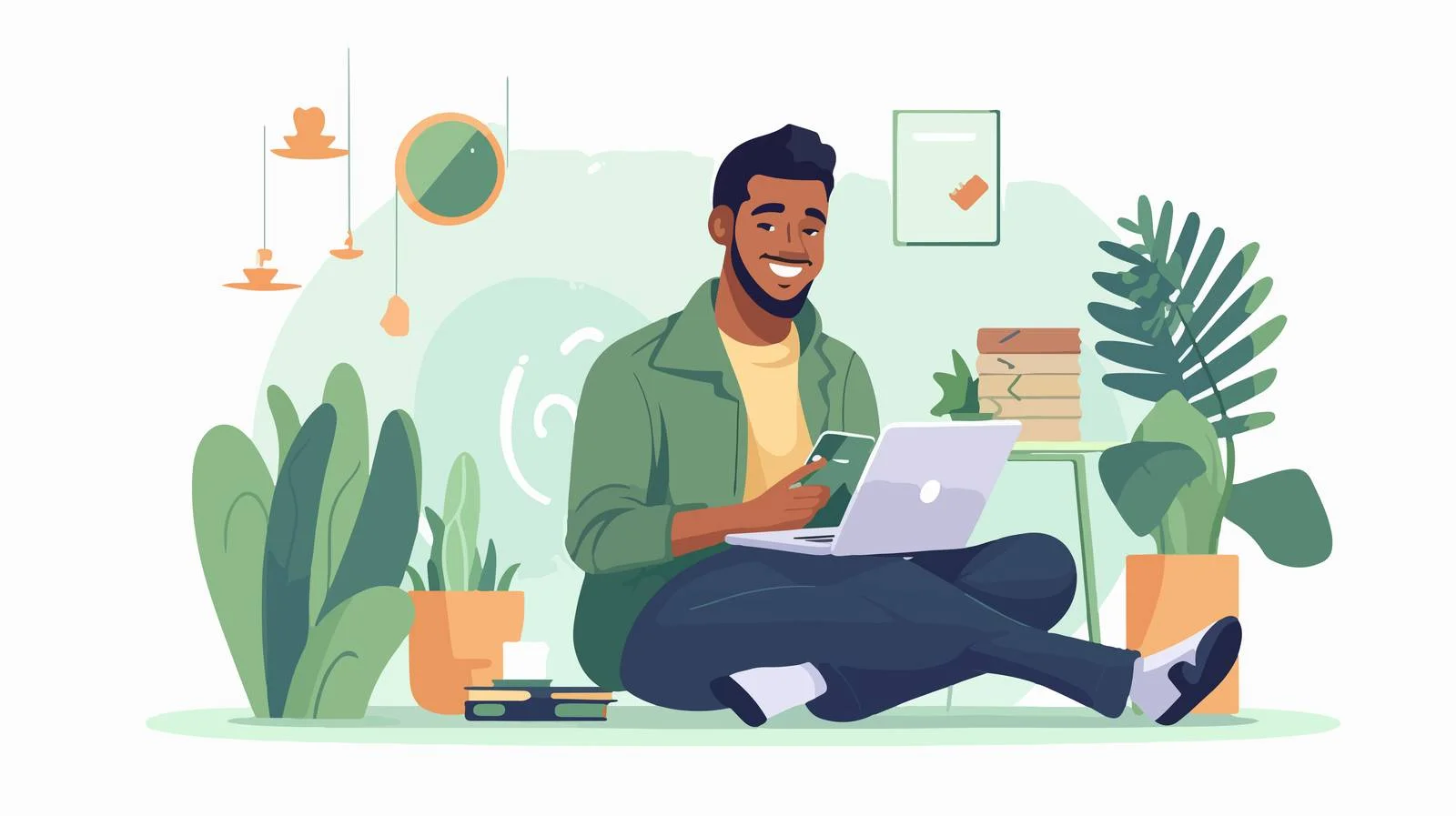 Happy freelancer at desk browsing work — free download from Dotvec