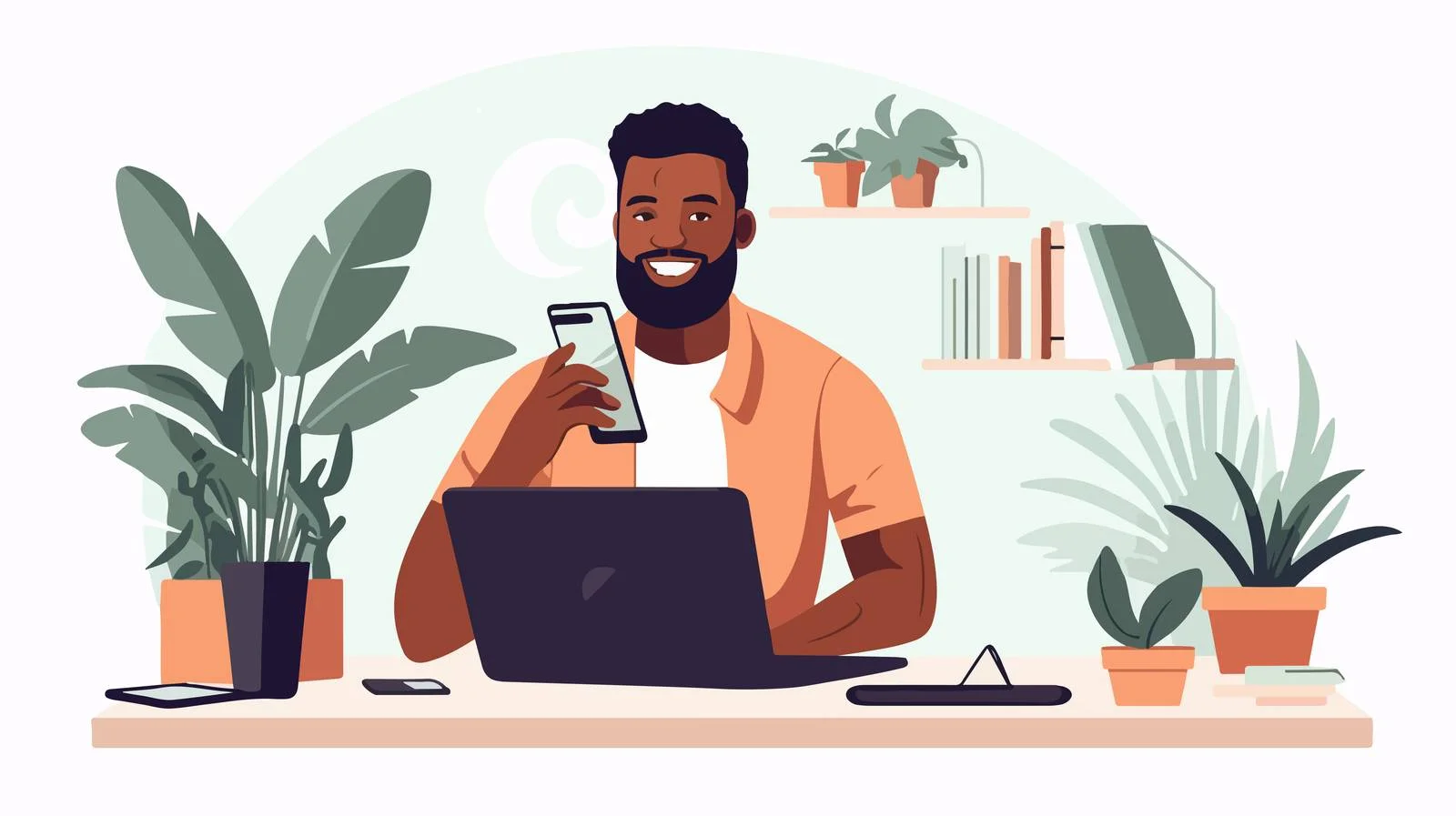 Joyful freelancer at desk browsing internet — free download from Dotvec