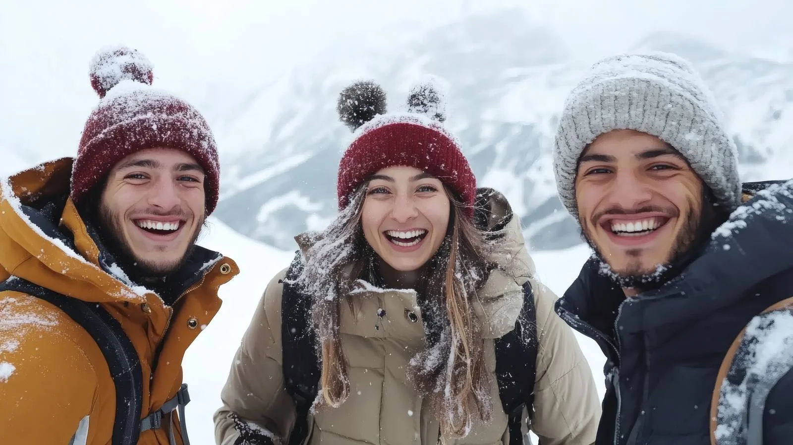 Joyful friends enjoying snow-capped mountains — free download from Dotvec