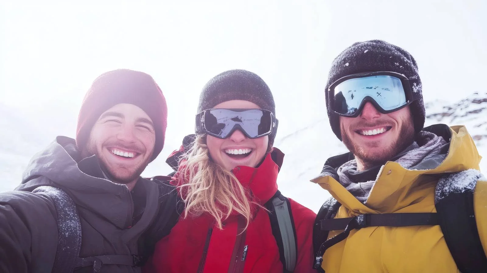 Joyful friends enjoying snow-capped mountains — free download from Dotvec