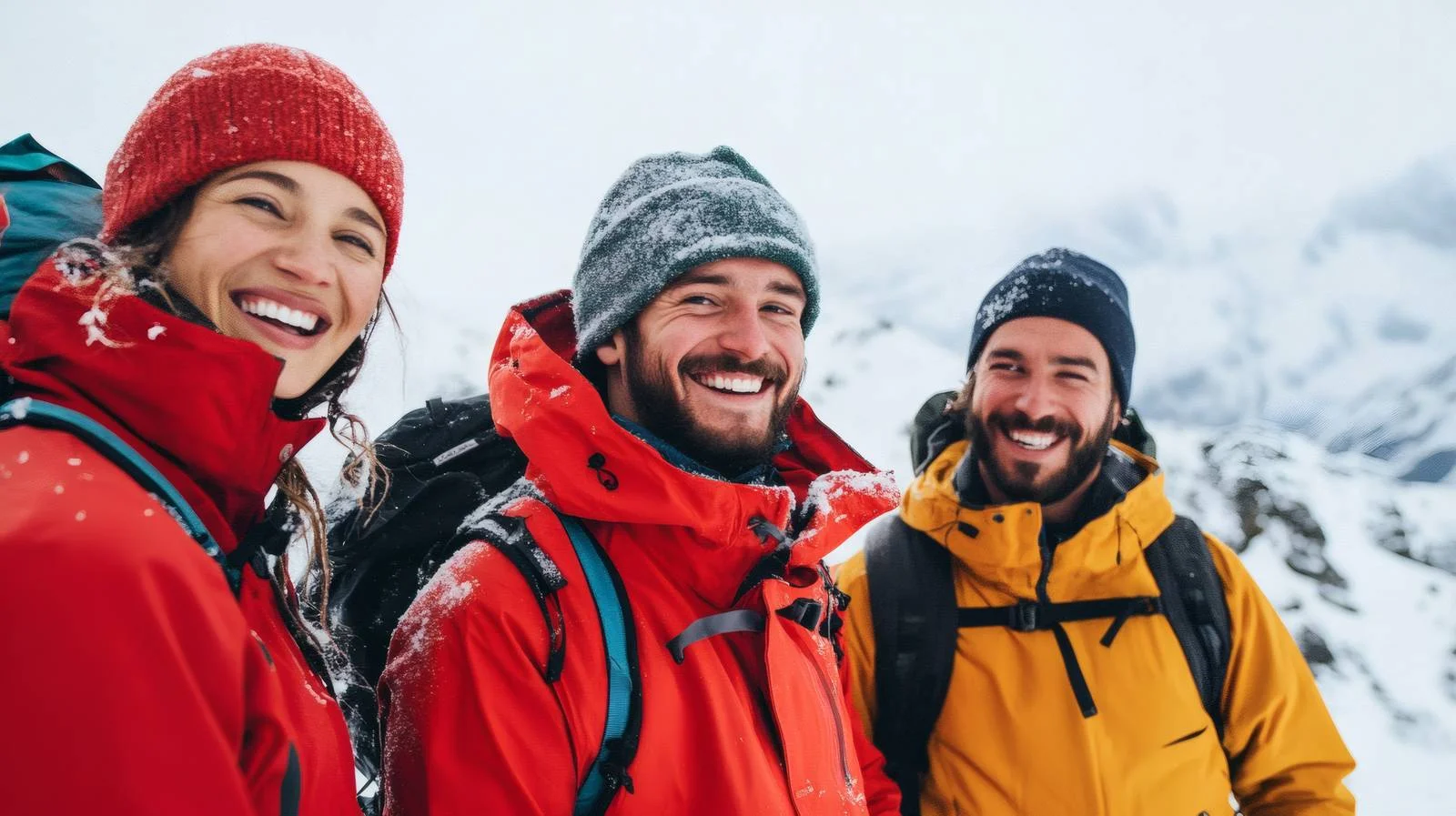 Joyful friends enjoying snow mountain adventure — free download from Dotvec