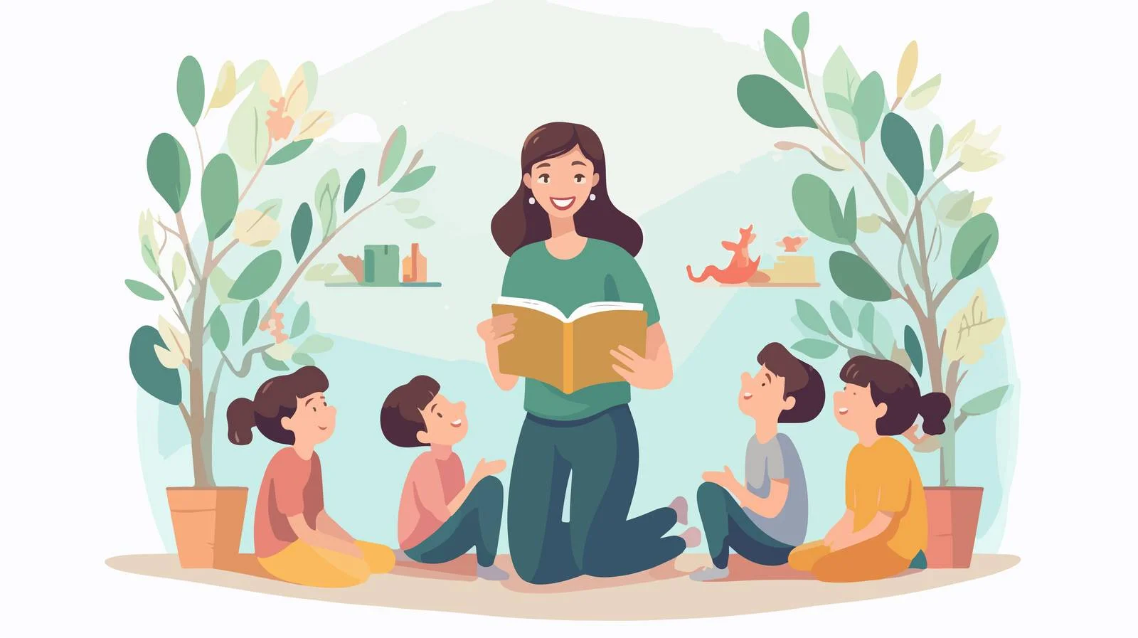 Cheerful Kindergarten Teacher with Happy Children — free download from Dotvec