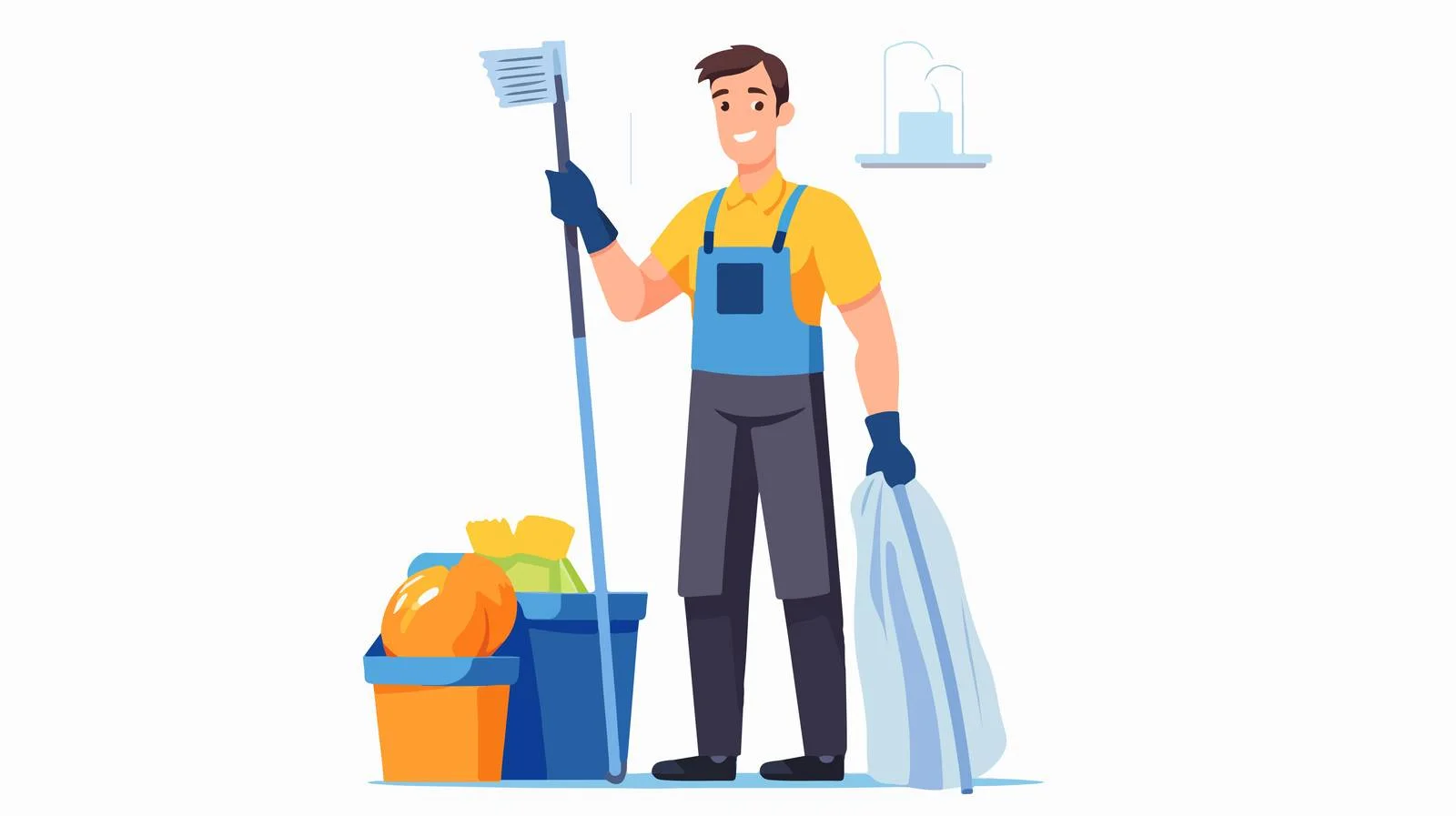 Happy Janitor with Cleaning Tools Vector — free download from Dotvec