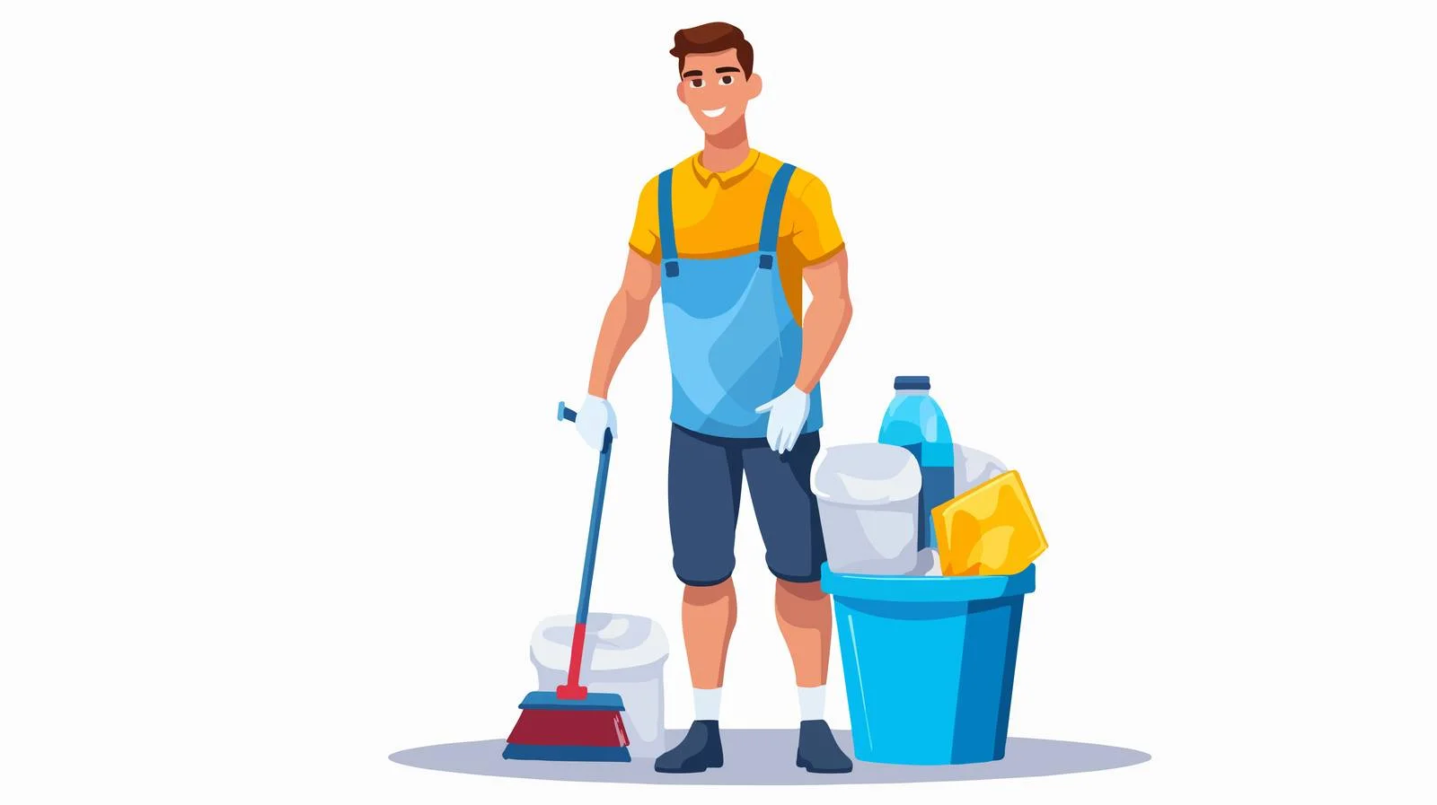 Cheerful janitor with cleaning tools vector illustration — free download from Dotvec