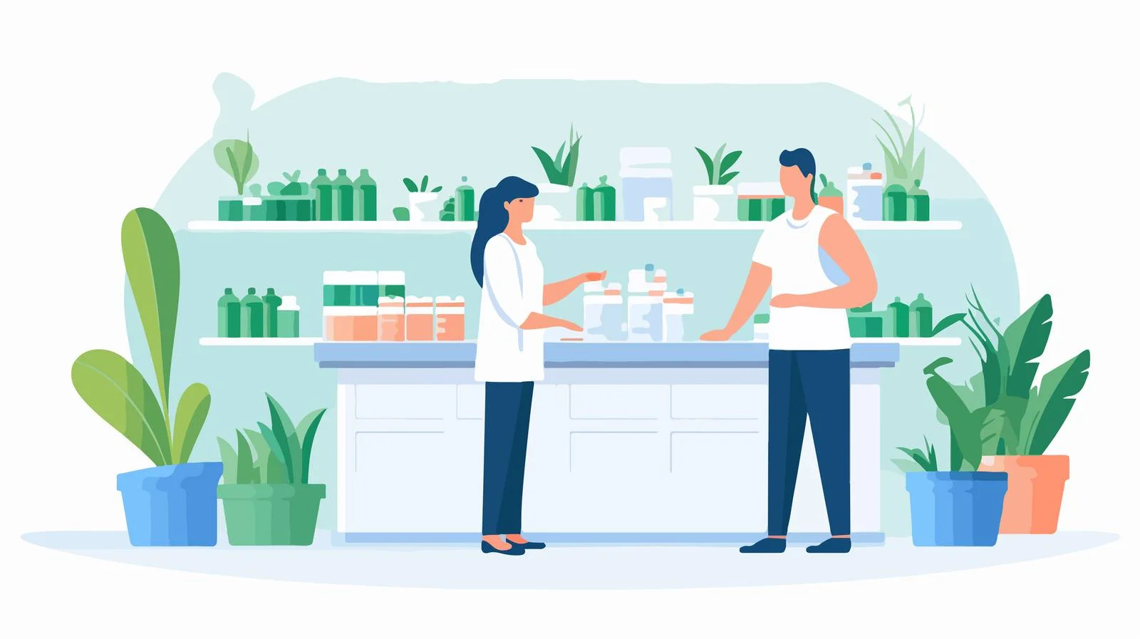 Professional pharmacist consults female client — free download from Dotvec