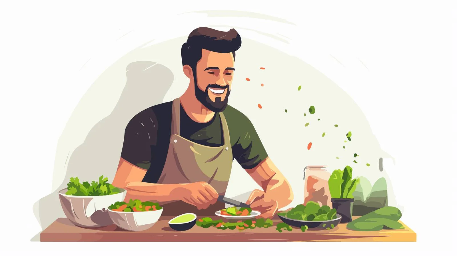 Cheerful man cooks healthy vegetable salad in kitchen — free download from Dotvec