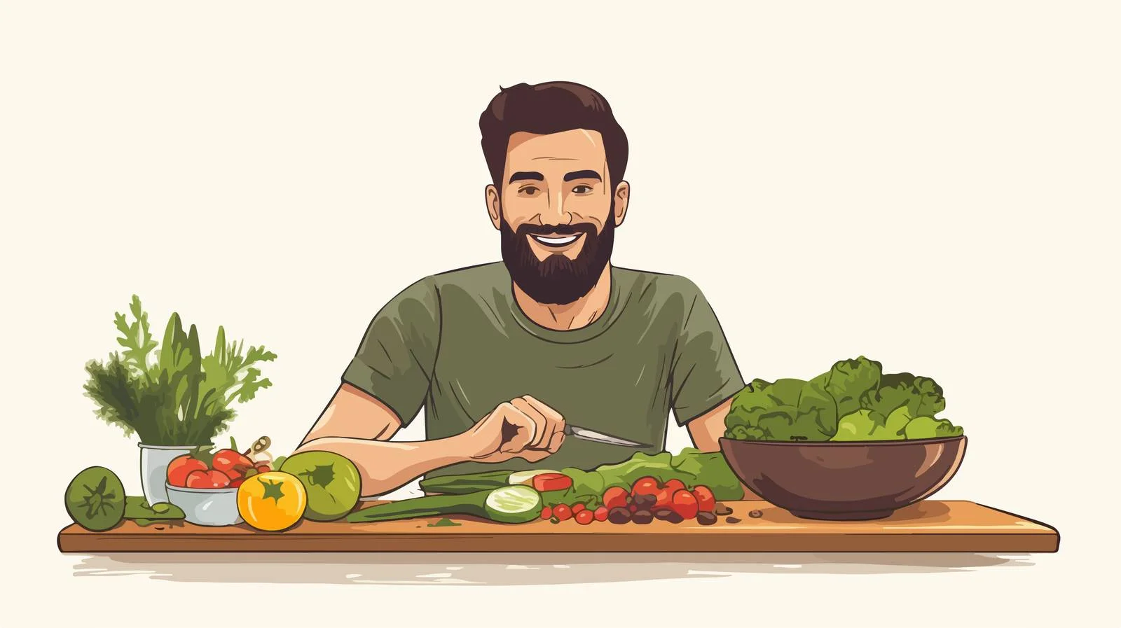 Happy man prepares fresh vegetable salad — free download from Dotvec