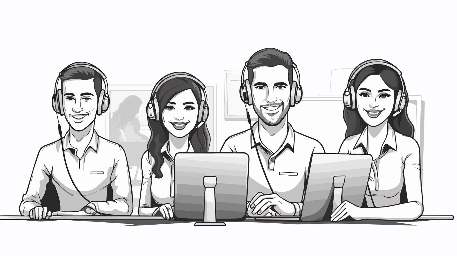 Joyful group in headphones with microphones — free download from Dotvec