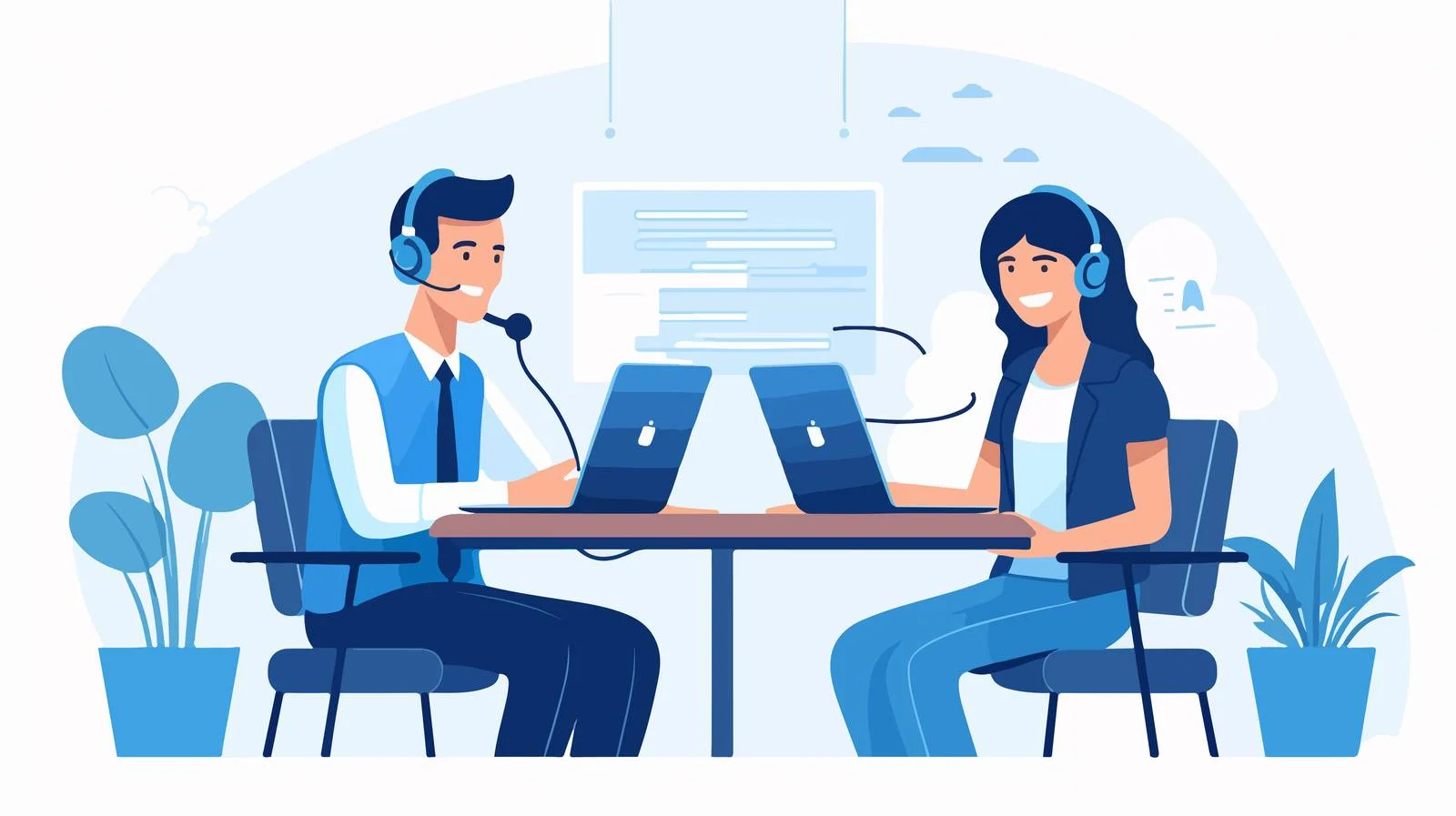 Joyful virtual advisor with headphones communicating — free download from Dotvec