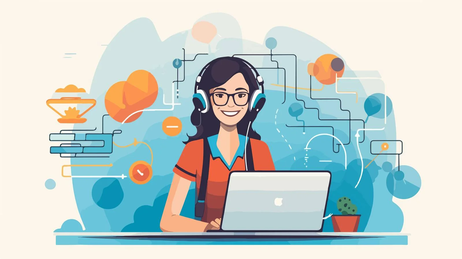 Cheerful remote advisor in headset communicating joyfully — free download from Dotvec