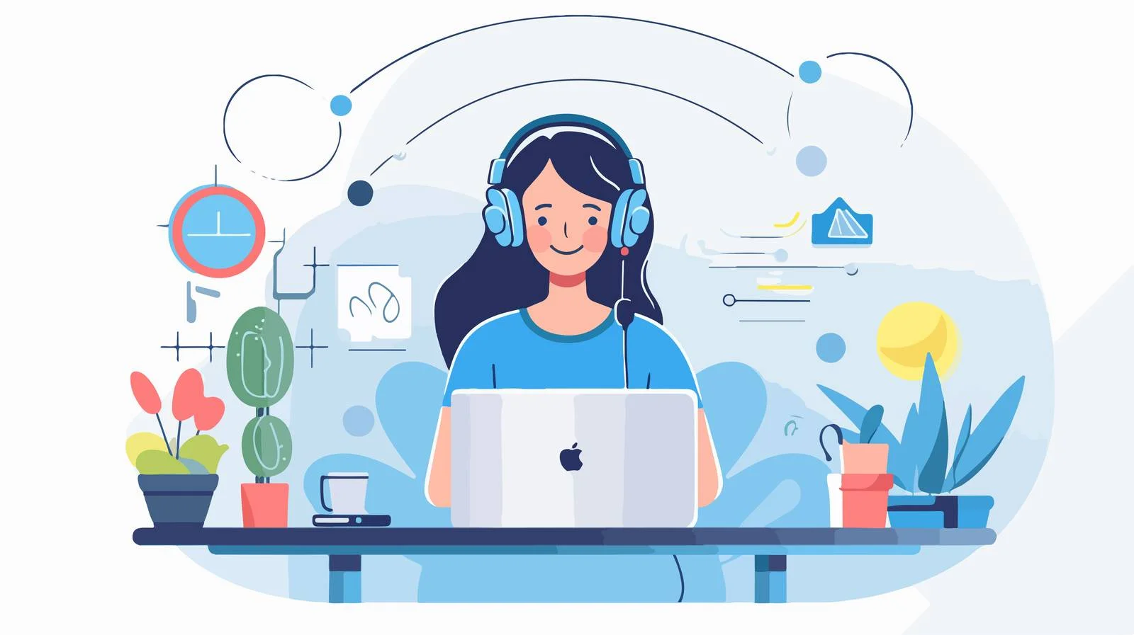 Happy virtual consultant in headphones at work — free download from Dotvec