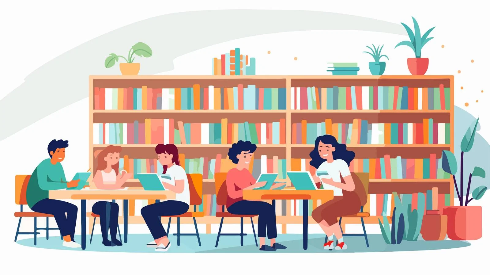 Joyful individuals learning in bustling library — free download from Dotvec