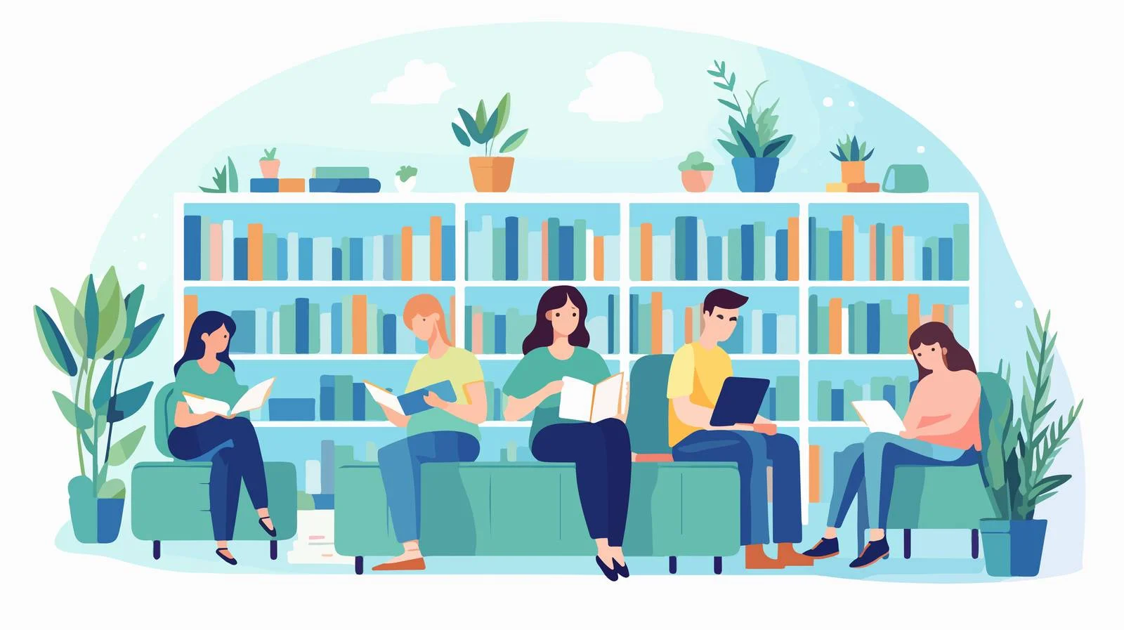 Joyful individuals studying in public library — free download from Dotvec