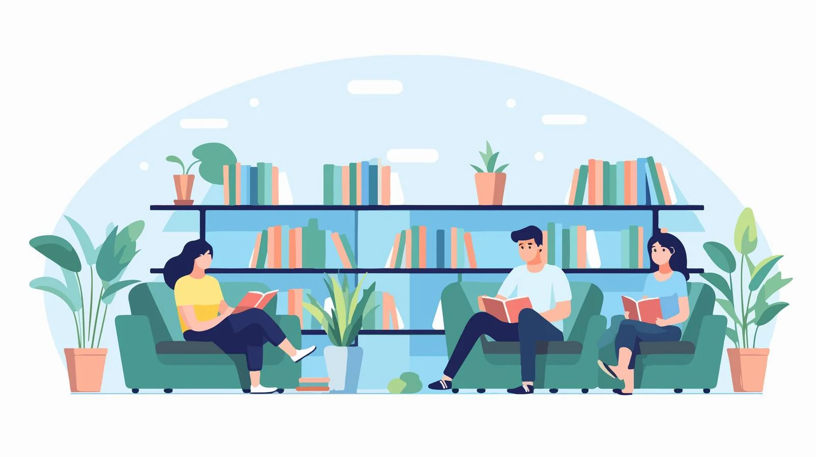 Happy individuals studying in a bright library — free download from Dotvec