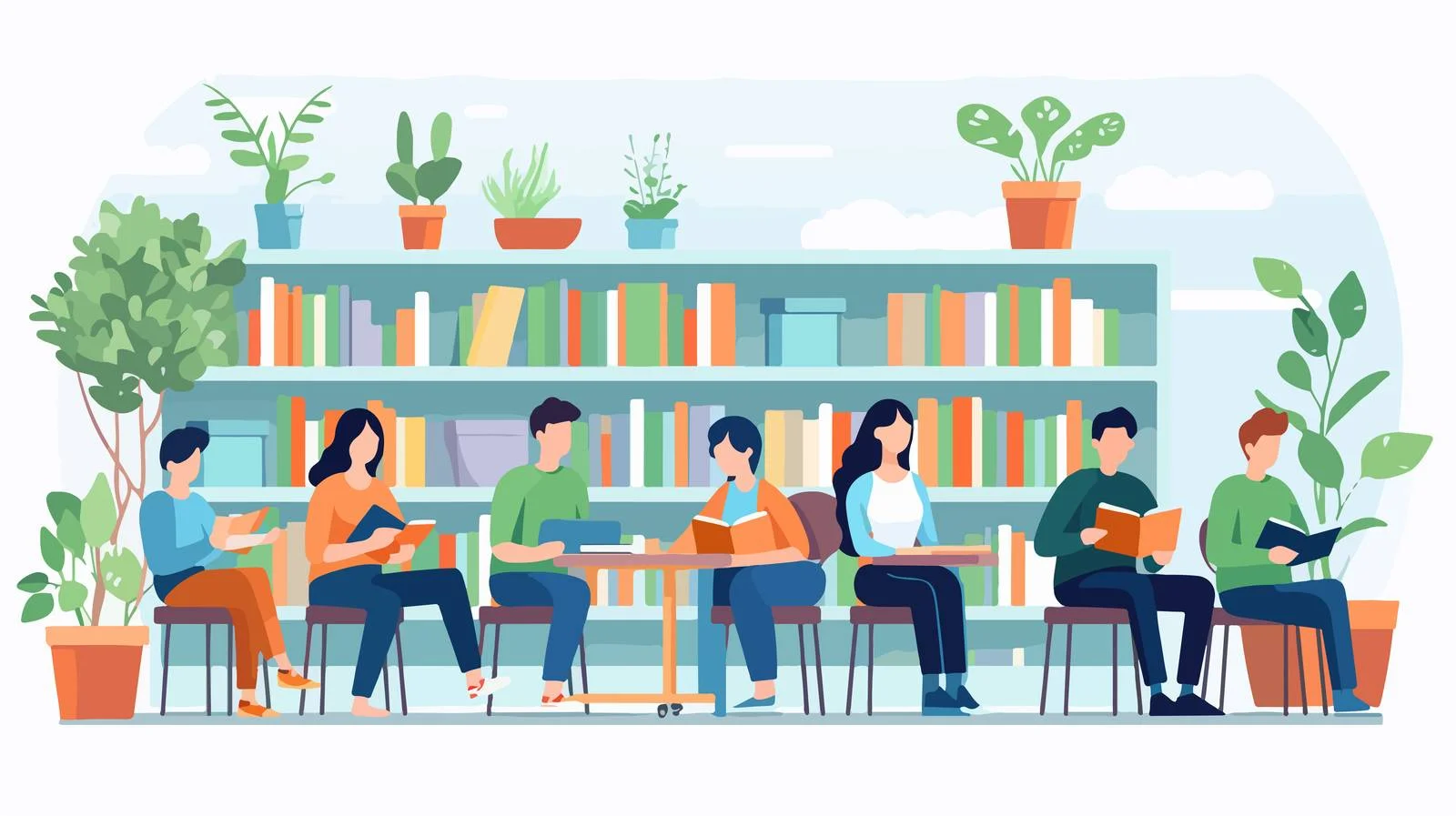 Joyful individuals studying in a public library — free download from Dotvec