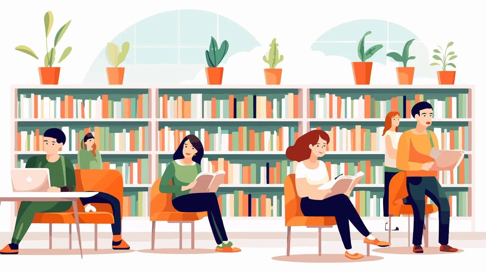 Joyful individuals study in bustling library — free download from Dotvec