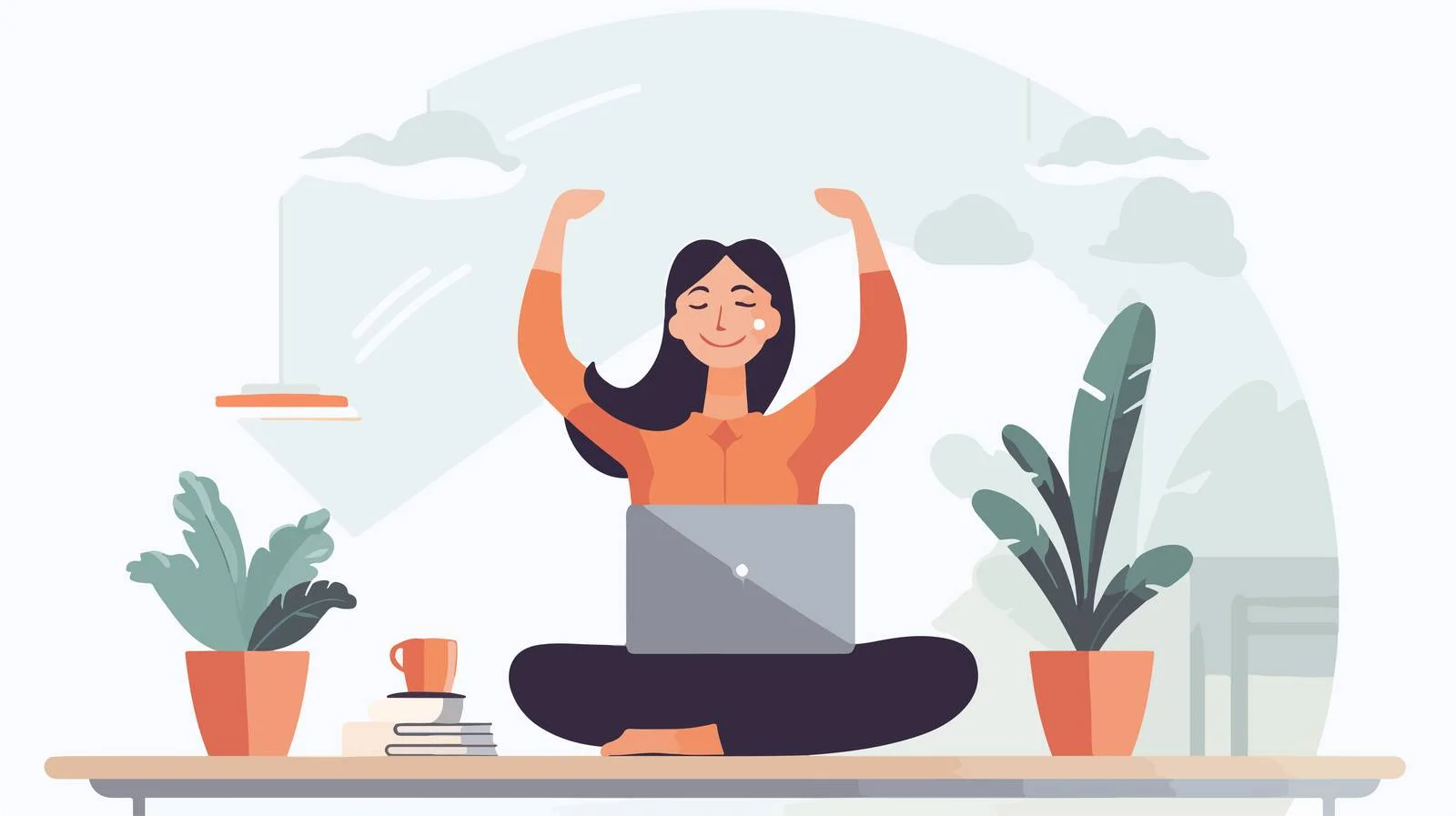 Cheerful woman working on laptop at desk — free download from Dotvec