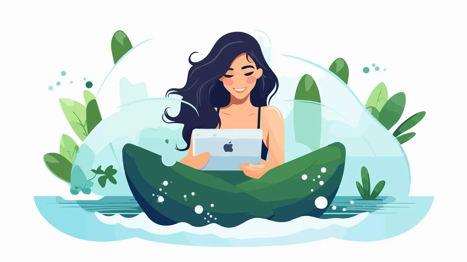 Joyful woman browsing online while enjoying bath — free download from Dotvec