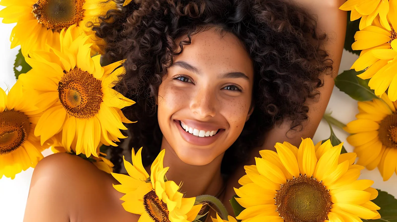 Joyful young lady surrounded by vibrant sunflowers — free download from Dotvec