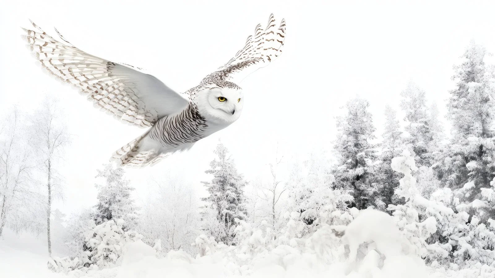 Snowy Owl Soaring Through Winter Woods — free download from Dotvec