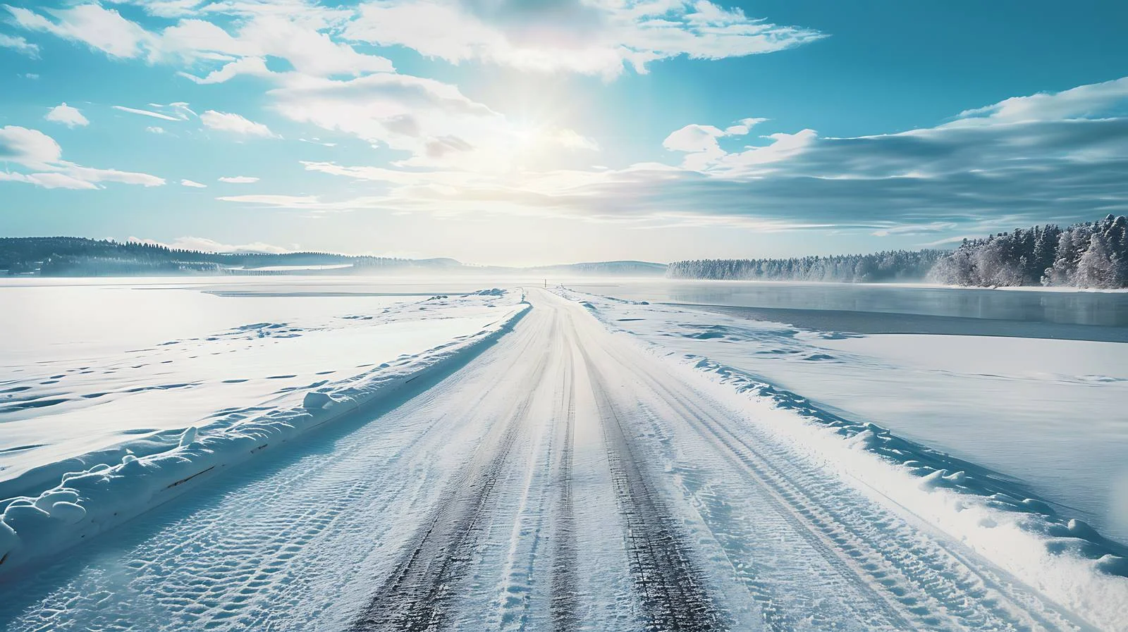 Tranquil Snowy Road by Sunlit Lake — free download from Dotvec
