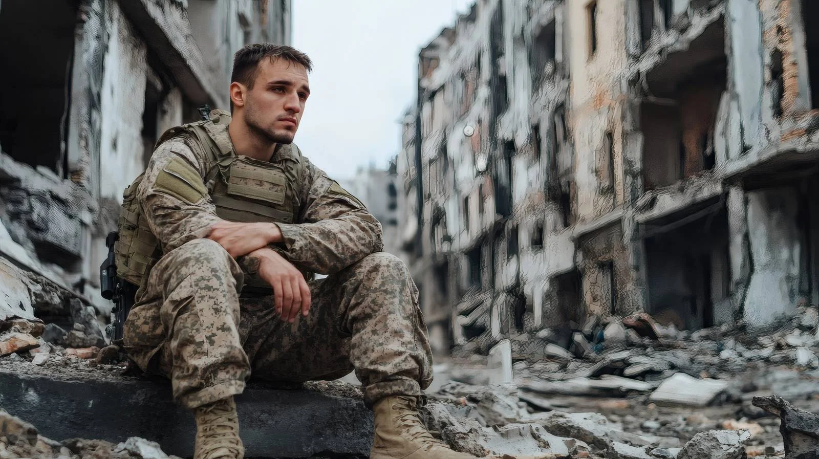 Resilient soldier rests in war-torn city – free resilient image from Dotvec