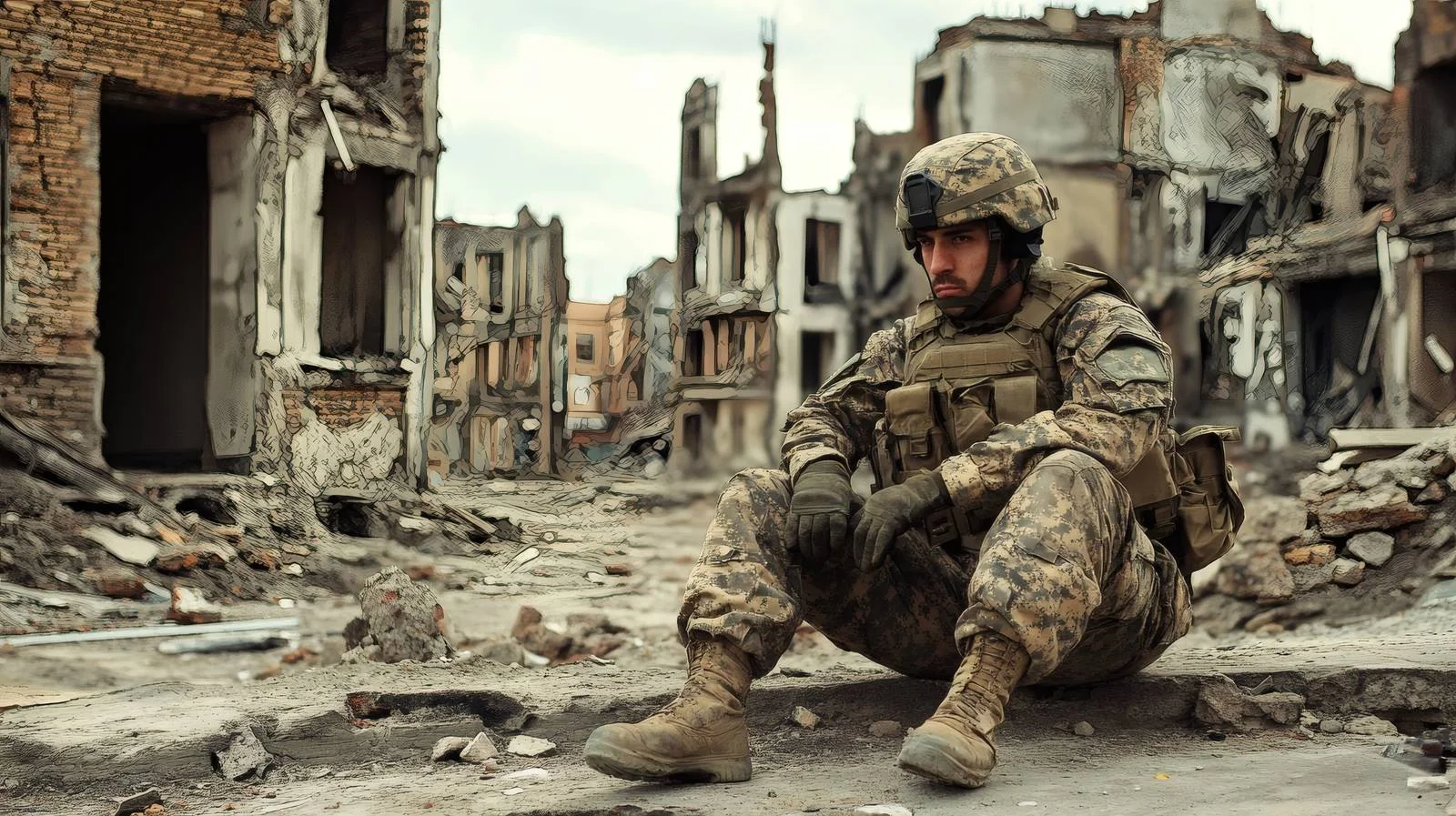 Warrior rests in destroyed urban setting — free download from Dotvec