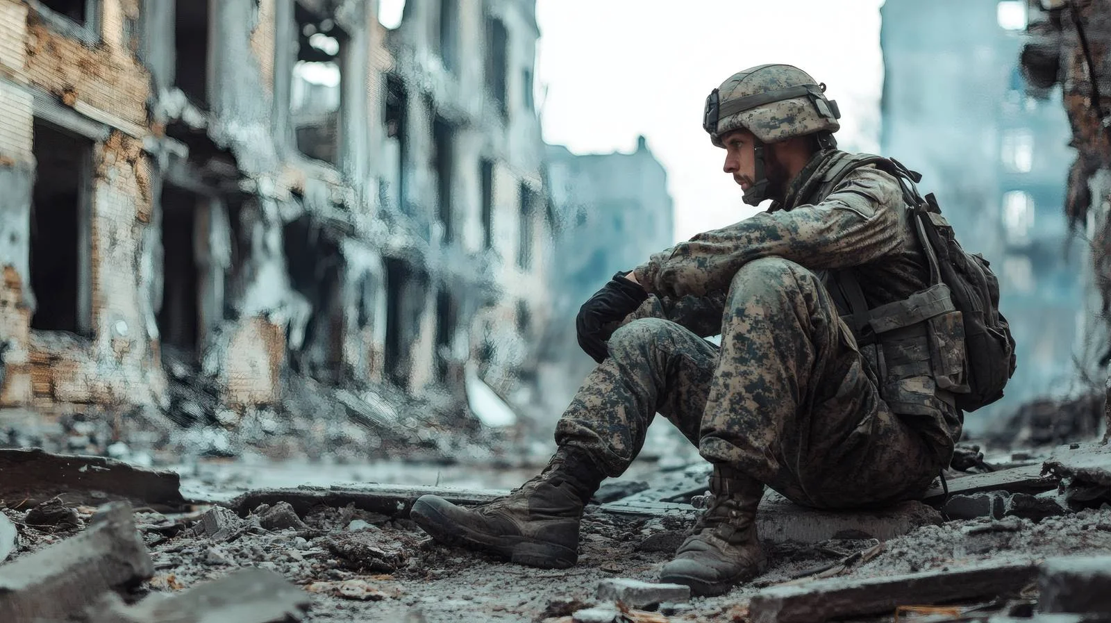 Weary soldier rests in war-torn urban setting — free download from Dotvec
