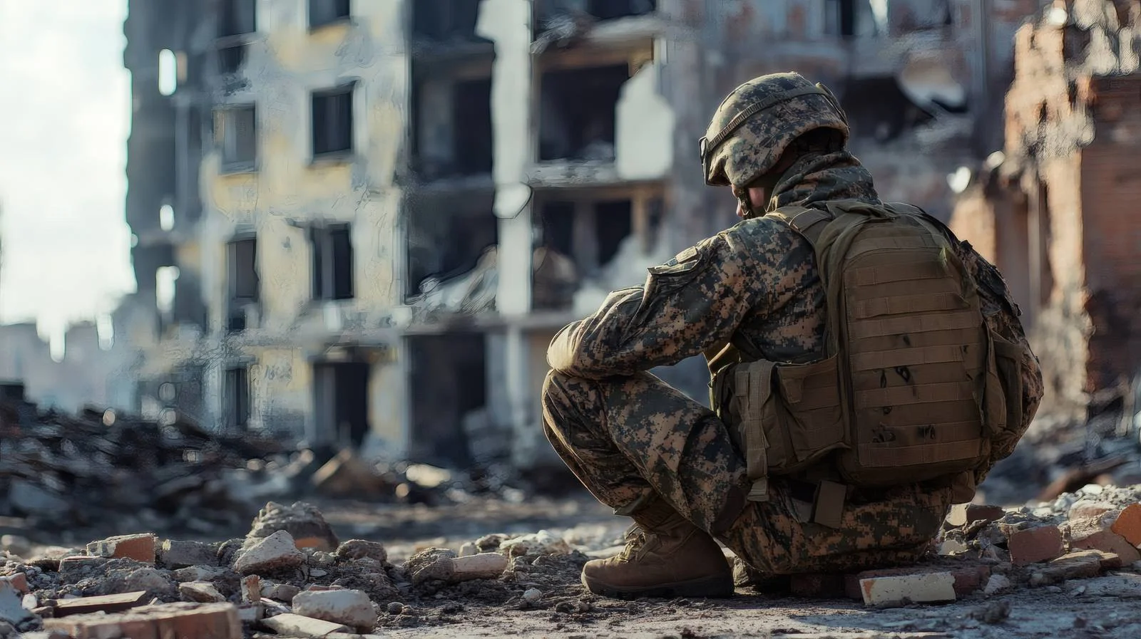 Fatigued Soldier Rests Amid Devastated Urban Landscape — free download from Dotvec
