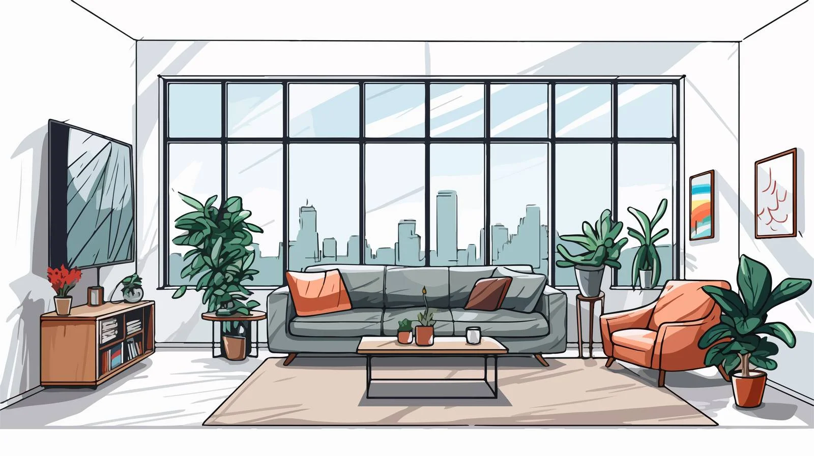Elegant Loft-Style Living Room with Large Window — free download from Dotvec