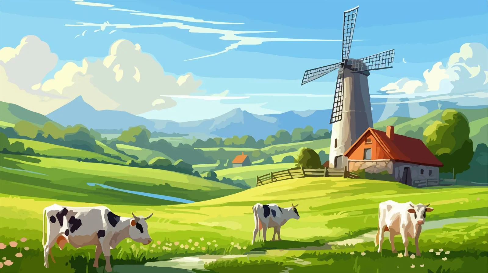 Idyllic Countryside Scene with Windmill — free download from Dotvec