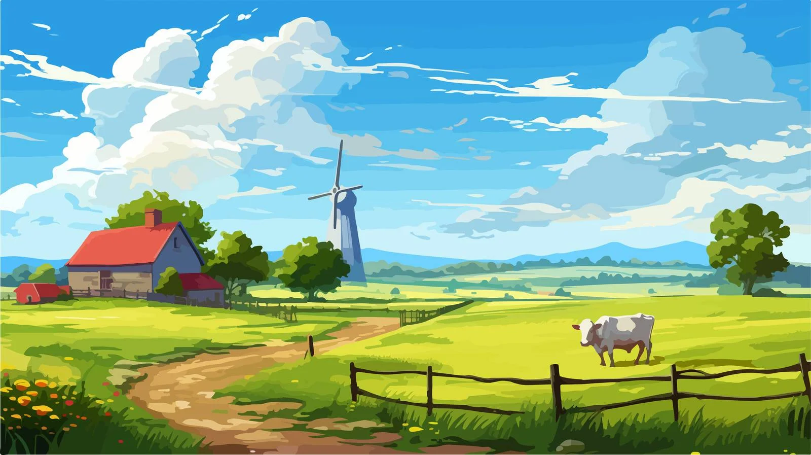 Idyllic Countryside Scene with Farm and Windmill — free download from Dotvec