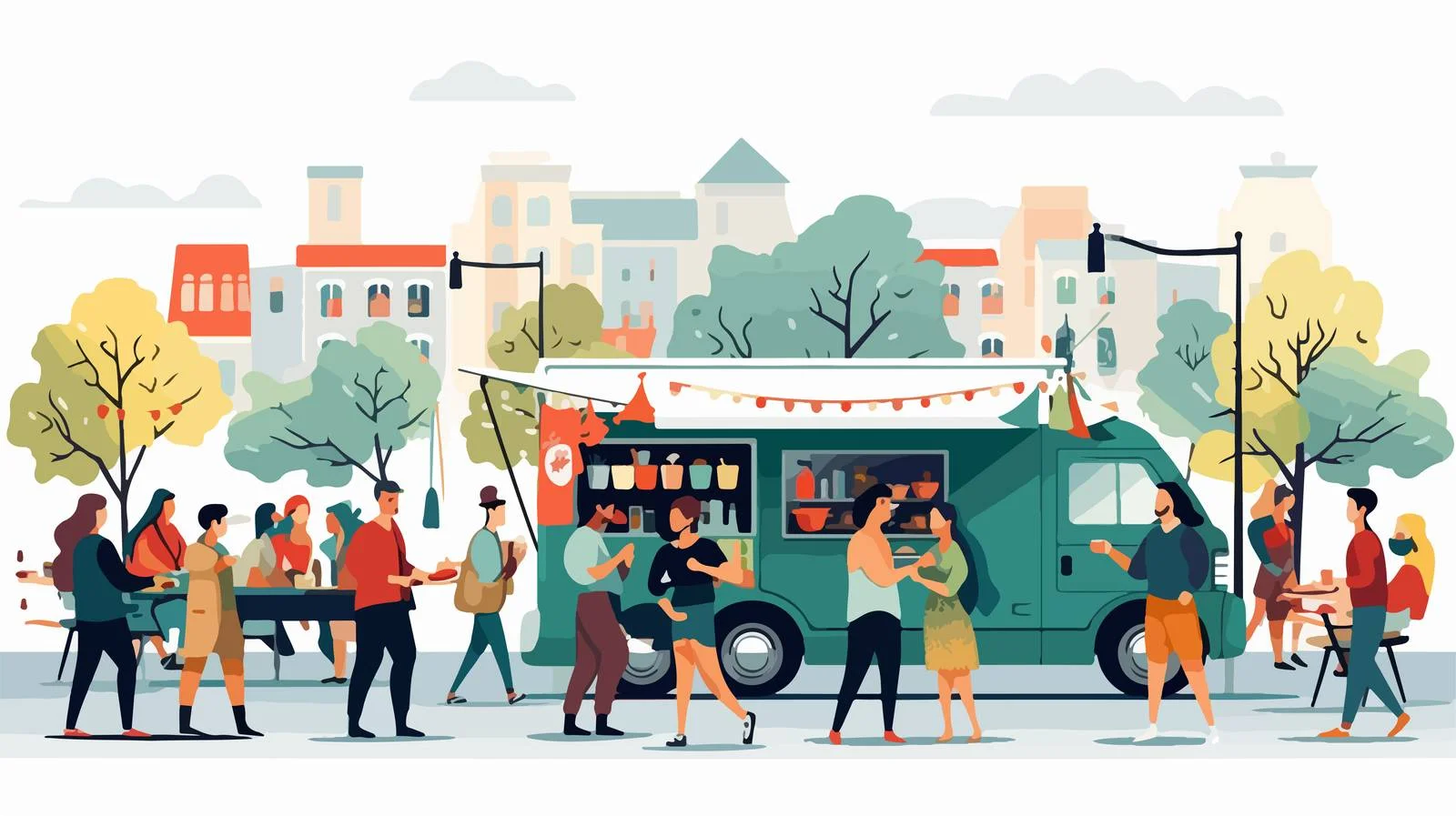 Crowded street food festival with food trucks — free download from Dotvec