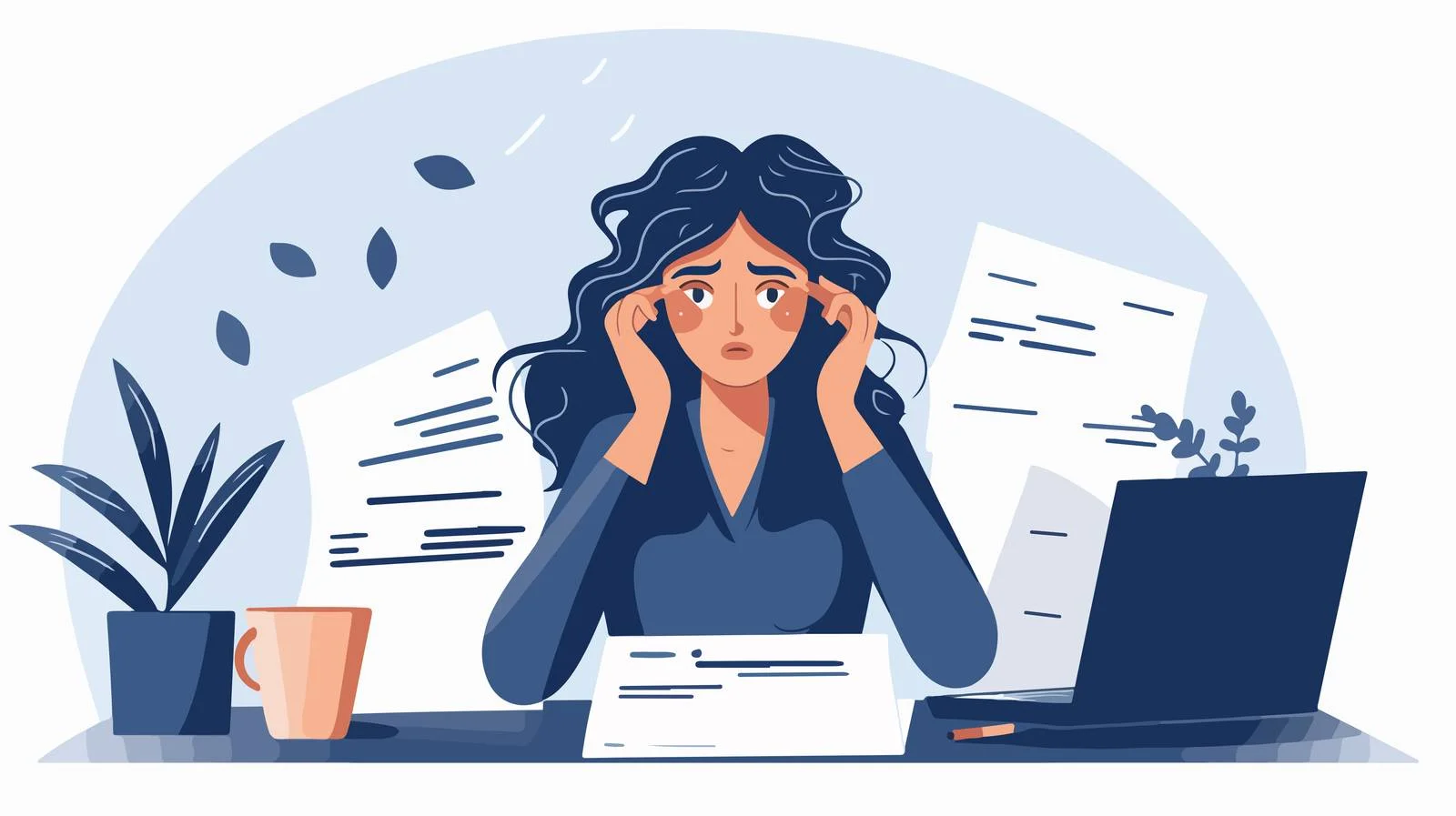 Anxious Woman Struggling with Paperwork at Desk — free download from Dotvec