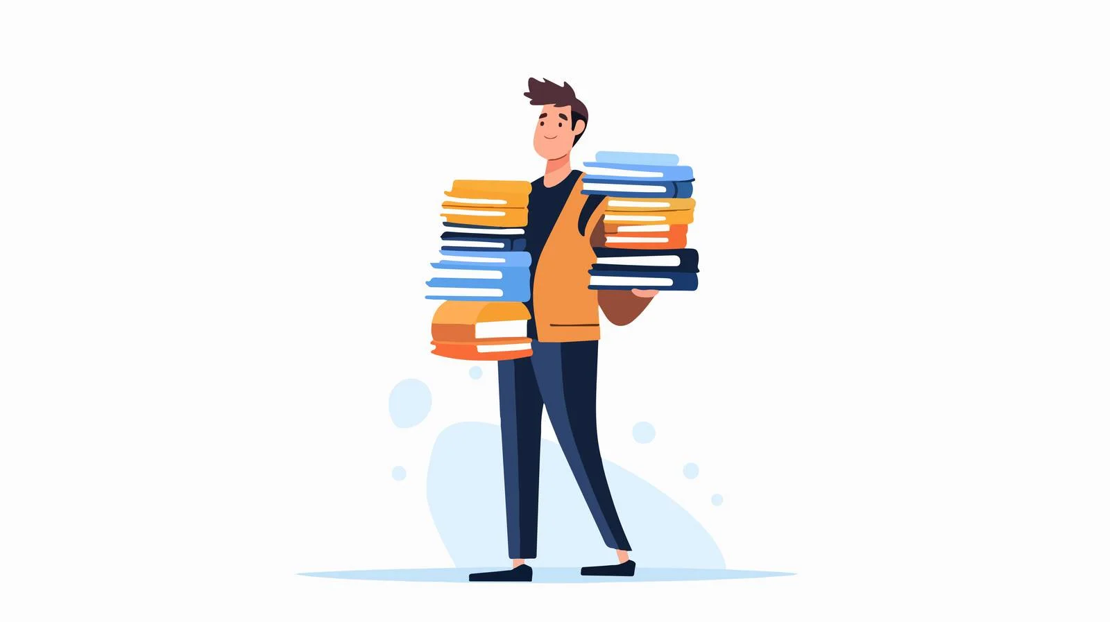 Enthusiastic student balancing stack of books — free download from Dotvec