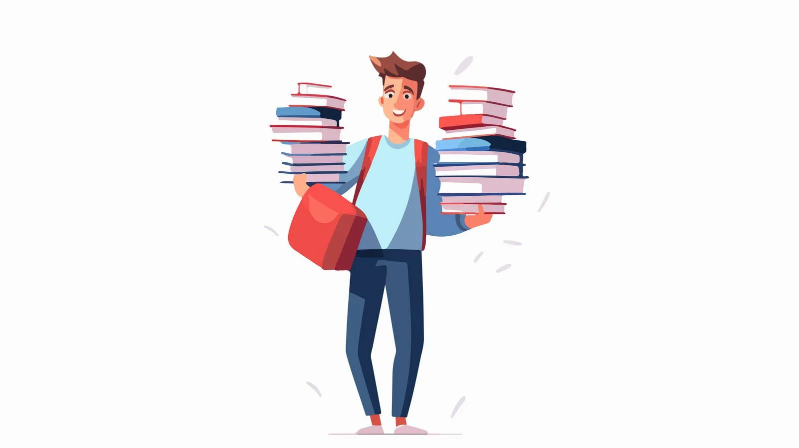 Enthusiastic student with a tall book pile — free download from Dotvec