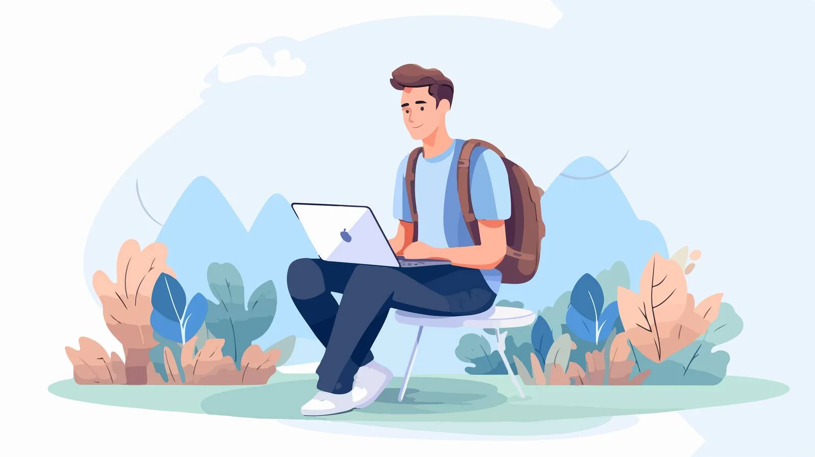 Smiling student using laptop with bag — free download from Dotvec