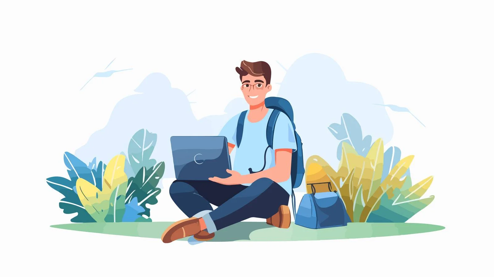 Smiling student using laptop with bag — free download from Dotvec