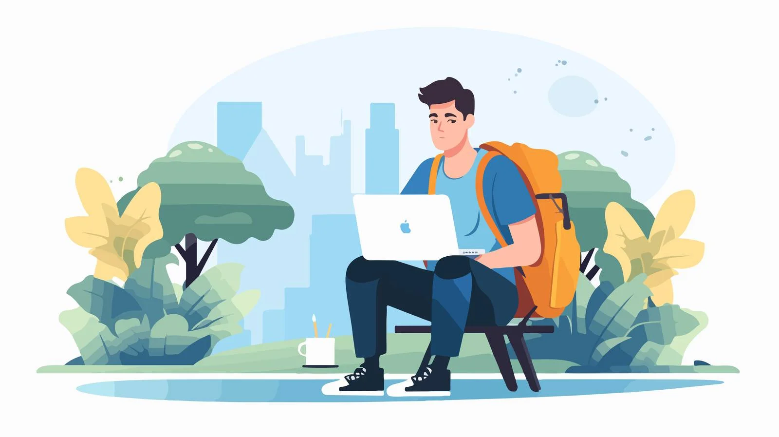 Smiling student using laptop with backpack — free download from Dotvec
