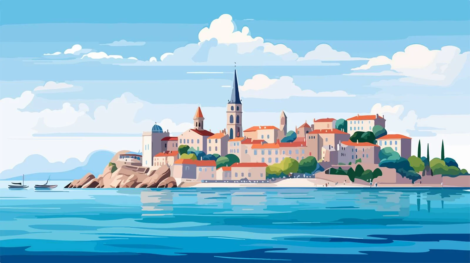 Serene Coastal Townscape with Ancient Castle — free download from Dotvec