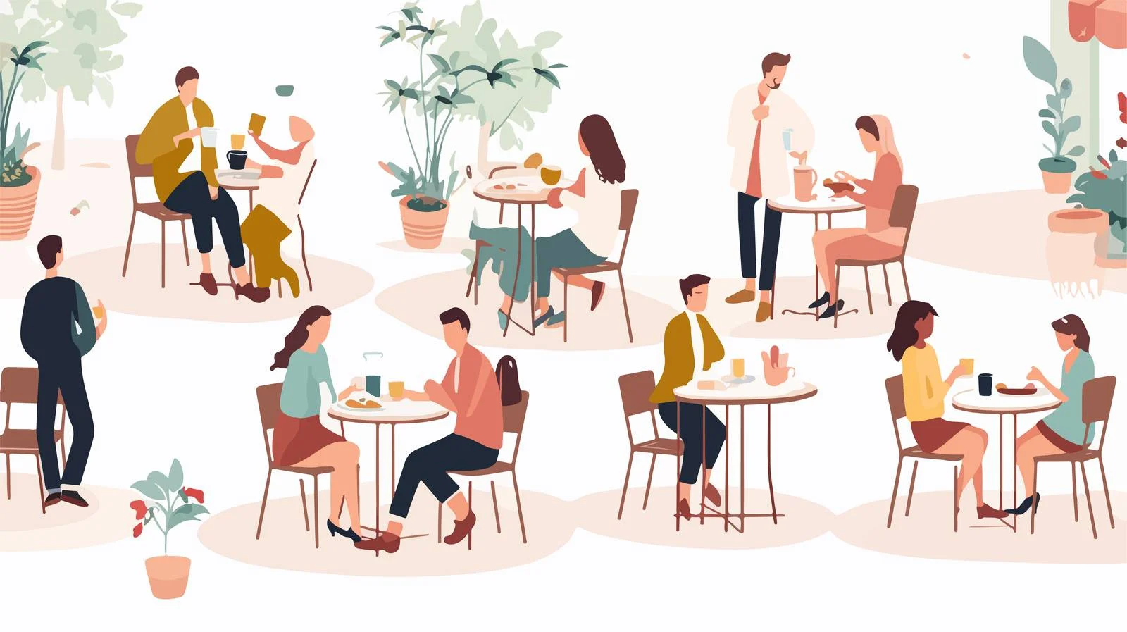 Tranquil Seaside Cafe with Cartoon Characters — free download from Dotvec