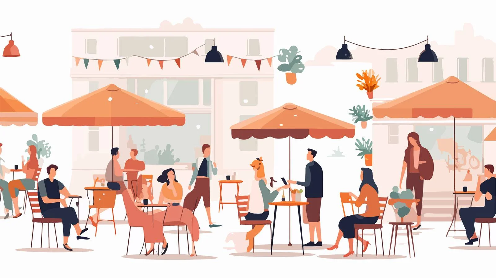 Serene seaside cafe with cheerful cartoon characters — free download from Dotvec