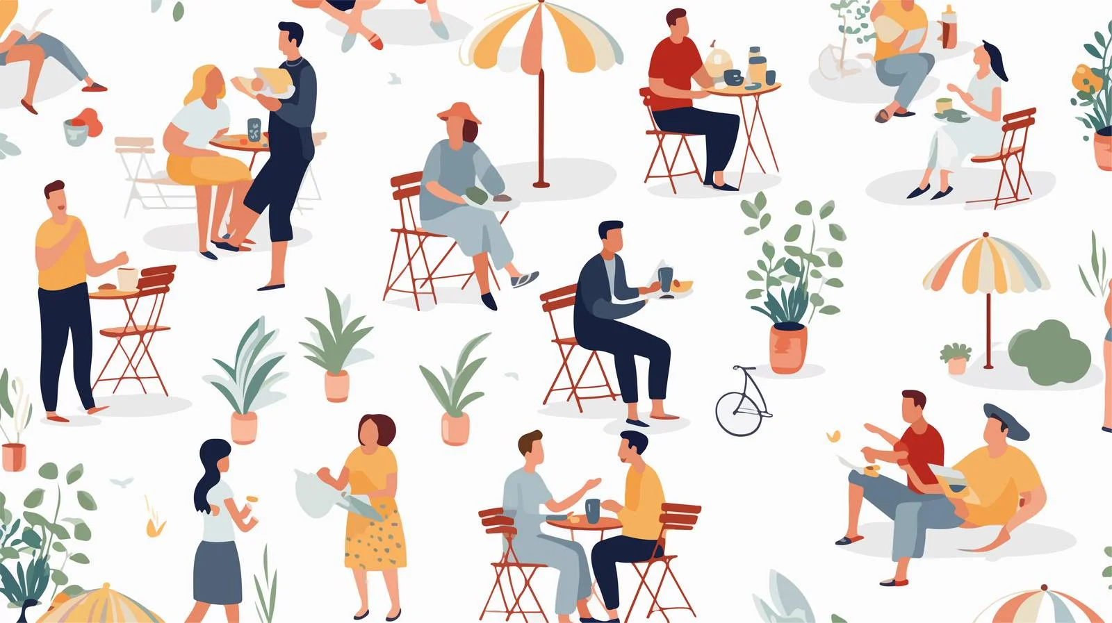 Seaside cafe with happy cartoon characters — free download from Dotvec