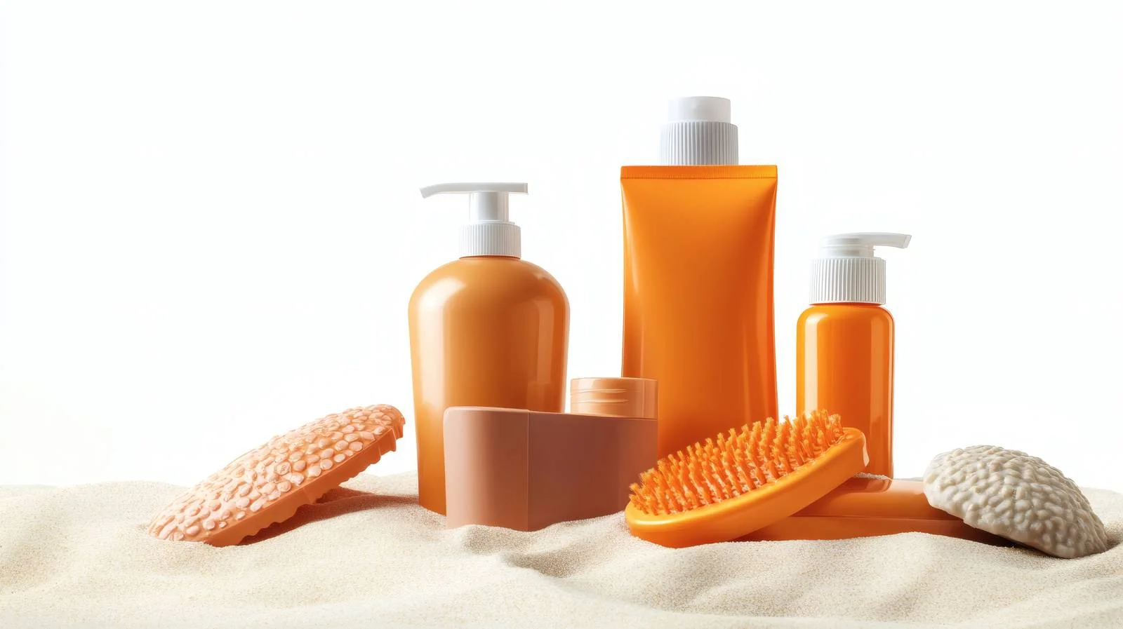 Sunblock products displayed on sandy shore — free download from Dotvec